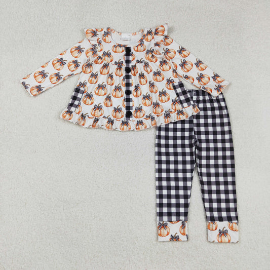 RTS NO MOQ（In Stock) GLP2692 Bow Pattern Pumpkin Black and White Plaid Pocket Button Long-Sleeved Pants Set