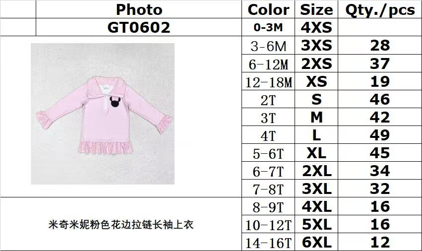 Cute Clothes GT0602 Baby Girls Pink Bow Zip Long Sleeve Tee Shirts Tops
