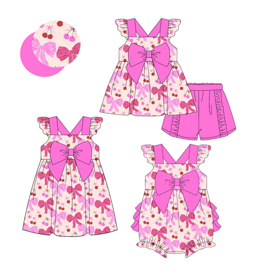 3.13 custom each style moq 5eta 4-6week Sibling Sisters bow baby girl short sleeve shorts sets and dress and rompers match family design