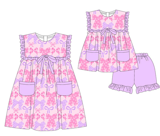 3.5 custom each style moq 5eta 4-6week Sibling Sister bow baby girl short sleeve shorts sets and dresses match design