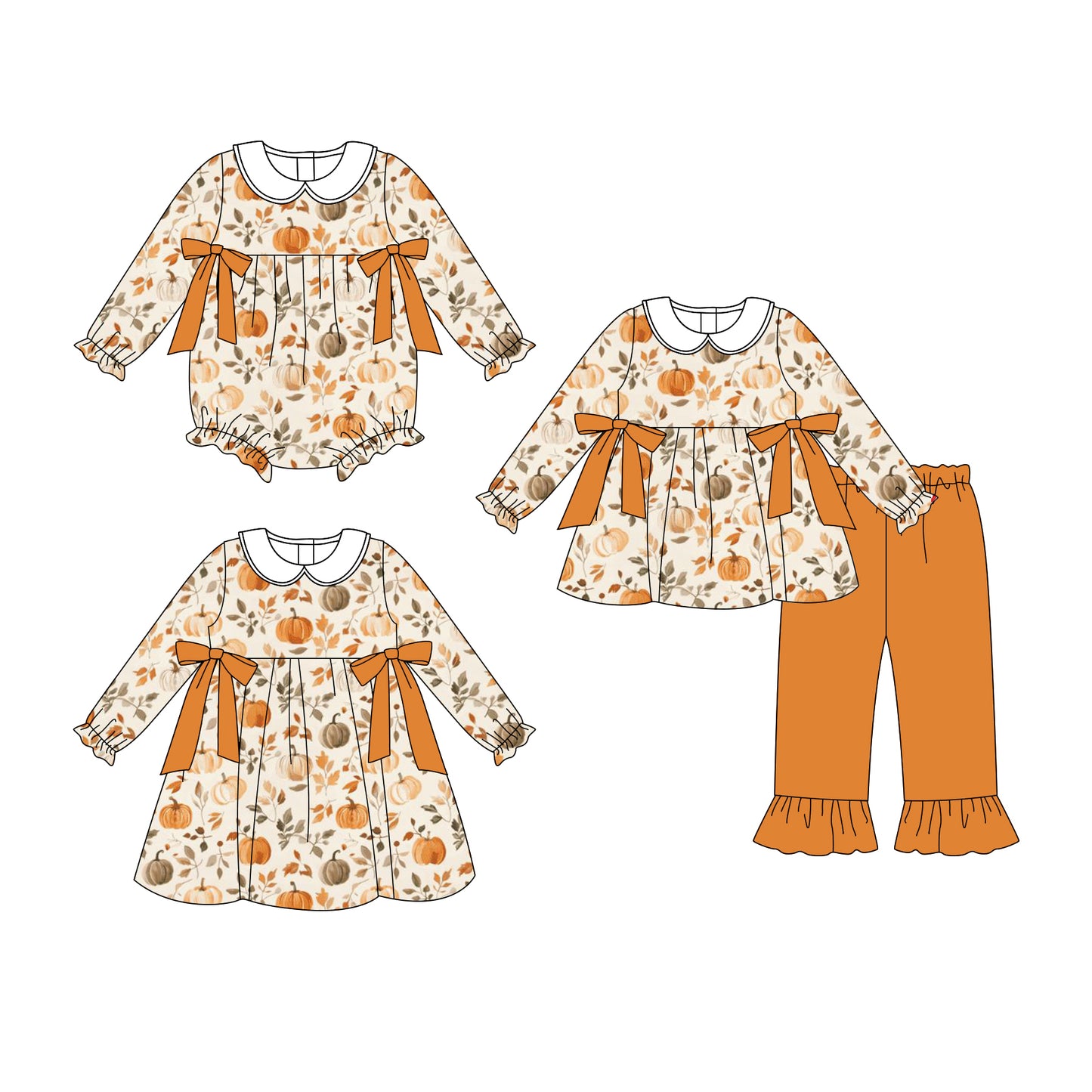 25.7.2 custom each style moq 5eta 4-6week Sibling Sisters pumpkin floral baby girl long sleeve pants sets and dress and rompers match family design