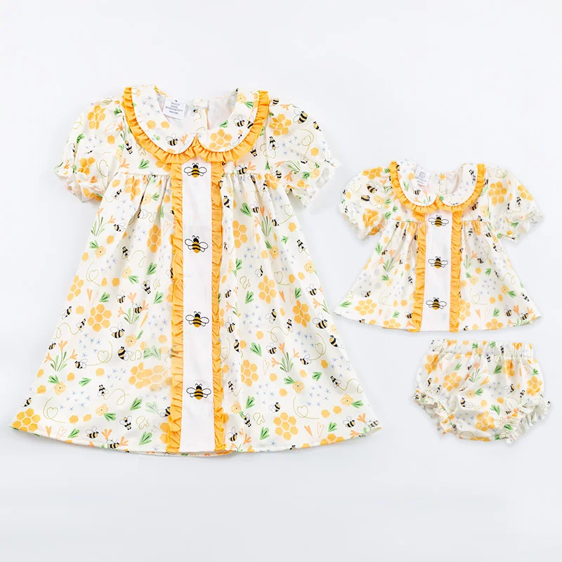 5.21custom each style moq 5eta 4-5week Sibling Sister bee print yellow girls and baby briefs set match family design