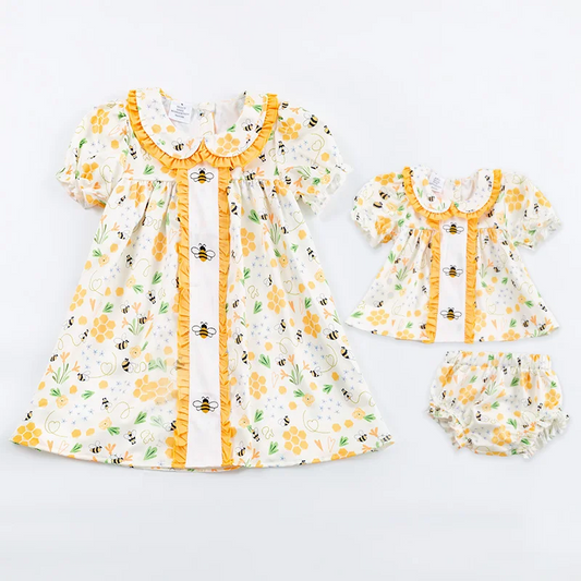 5.21custom each style moq 5eta 4-5week Sibling Sister bee print yellow girls and baby briefs set match family design