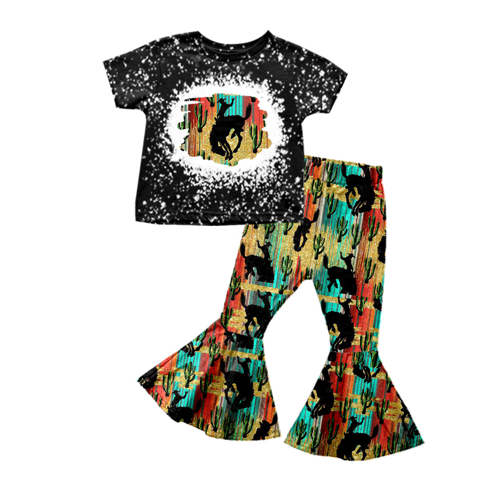 8.17 custom each style moq 5eta 4-6week baby girls clothes riding horse black short sleeve pants sets