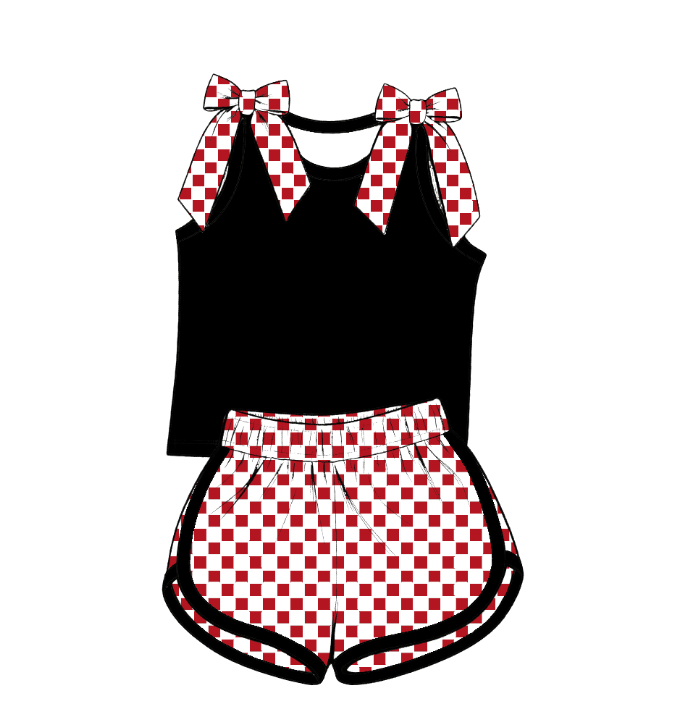 custom moq 5 mix size Baby Girls Checked Bow Sleeveless Black Top Shorts Summer Set