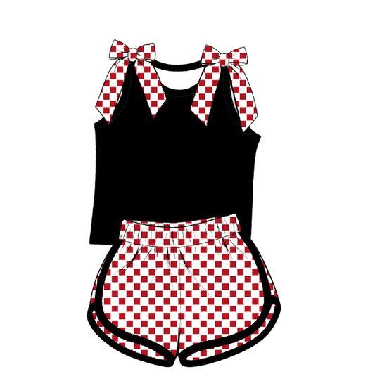 custom moq 5 mix size Baby Girls Checked Bow Sleeveless Black Top Shorts Summer Set