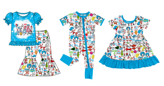 11.30 custom each style moq 5eta 4-6week Sibling Sister dr seuss blue baby girl sets and dress and rompers match family design