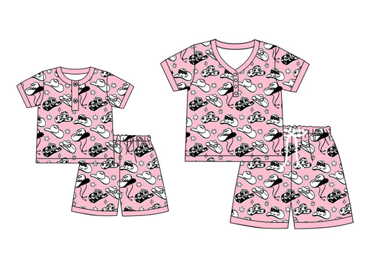 4.24 custom each style moq 5eta 4-6week Sibling Sister hats short sleeve shorts sets and adult sets match design