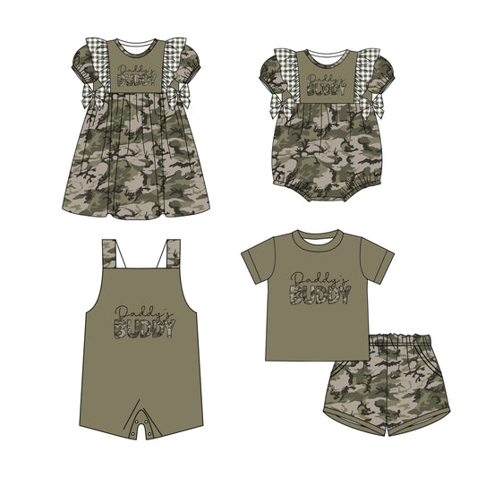 11.21 custom each style moq 5eta 4-6week Sibling Sister DADDY BUDDY camouflage baby boy short sleeve shorts sets and girls romper and boy romper and dress match design