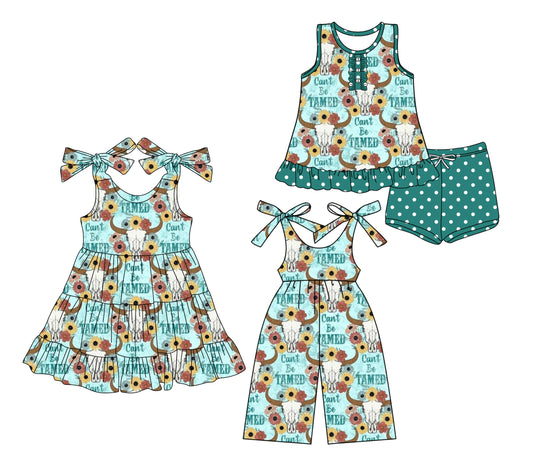 3.15 custom each style moq 5eta 4-6week Sibling Sister cow head baby girl short sleeve shorts sets and dresses and jumpsuit match design