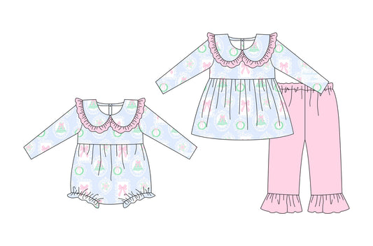 25.6.26 custom each style moq 5eta 4-6week Sibling Sisters Christmas bow baby girl long sleeve pants sets and rompers match family design