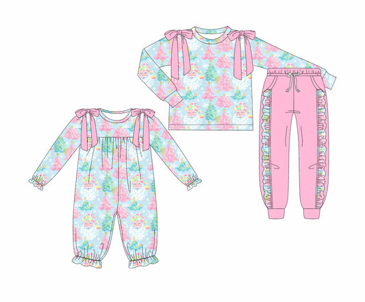 25.7.1 custom each style moq 5eta 4-6week Sibling Sisters Christmas trees pink baby girl long sleeve pants sets and rompers match family design