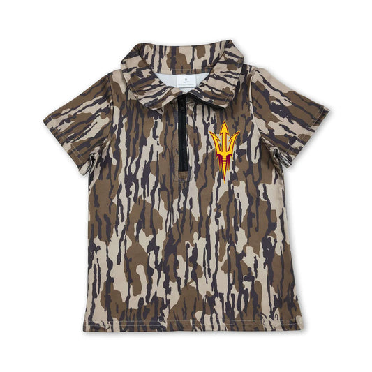 Custom moq 5 mix size milk silk summer teams Infant Boys Olive Camo Short Sleeve Zipper Pullovers Top