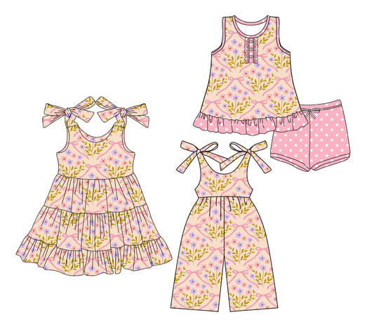 3.21 custom each style moq 5eta 4-6week Sibling Sister floral bow baby girl short sleeve shorts sets and dresses and jumpsuit match design