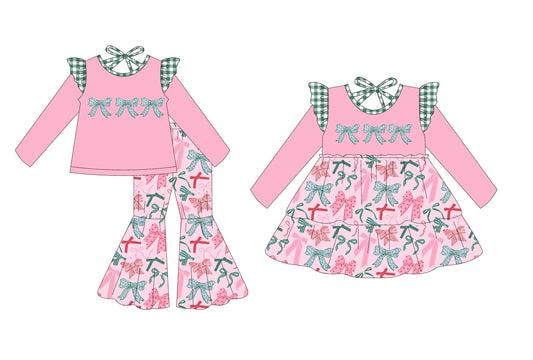 25.6.24 custom each style moq 5eta 4-6week Sibling Sisters bow pink baby girl long sleeve pants sets and dress match family design