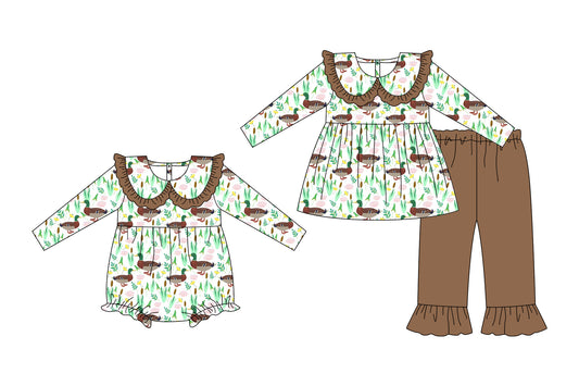 25.8.6 custom each style moq 5eta 4-6week Sibling Sister duck baby girl long sleeve pants sets and rompers match family design