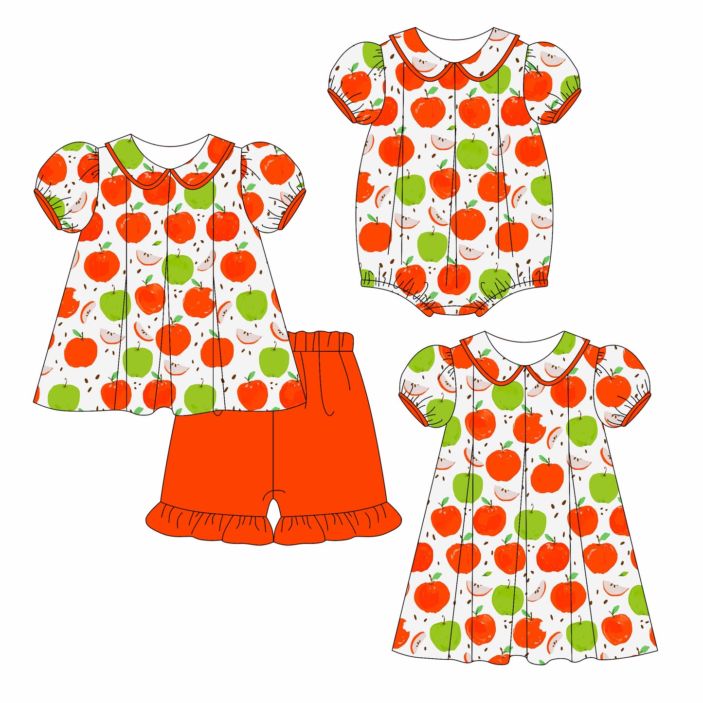 3.6 custom each style moq 5eta 4-6week Sibling Sisters apple baby girl short sleeve shorts sets and dress and rompers match family design