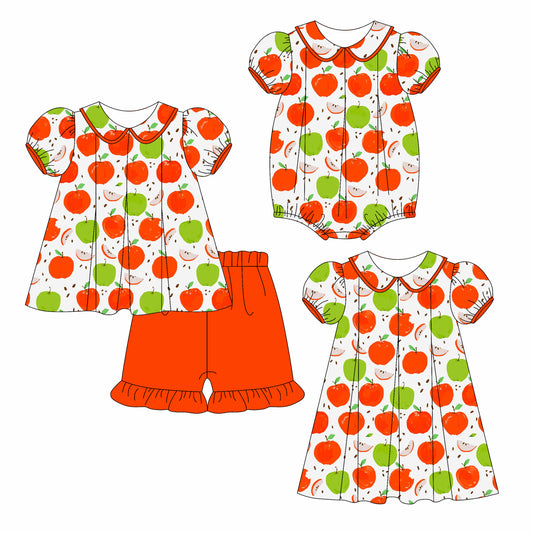 3.6 custom each style moq 5eta 4-6week Sibling Sisters apple baby girl short sleeve shorts sets and dress and rompers match family design