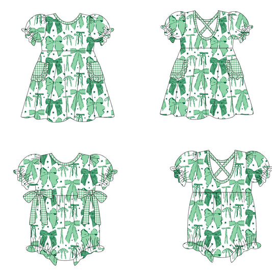 25.10.9 custom each style moq 8 eta 6-8week Sibling Sisters bow green baby girl short sleeve dress and romper match family design