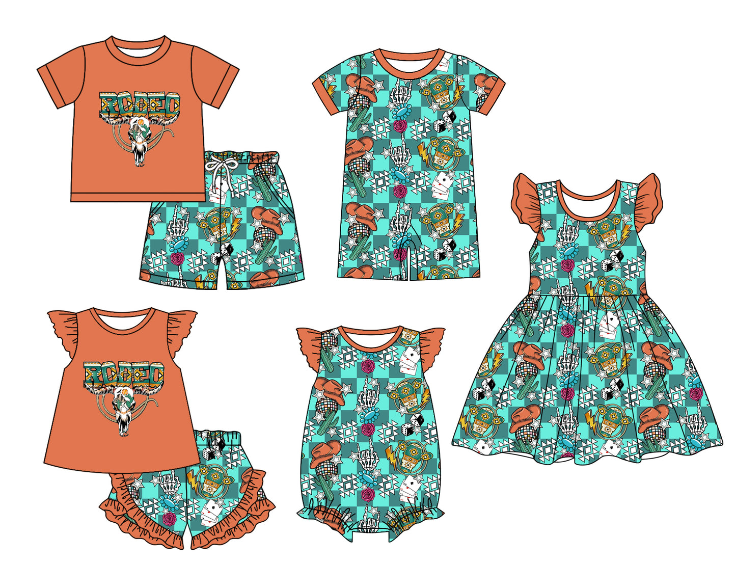 12.24 custom each style moq 5eta 4-6week Sibling Sister rodeo baby girl short sleeve shorts sets and sets 2 and girls romper and boy romper and dress match design