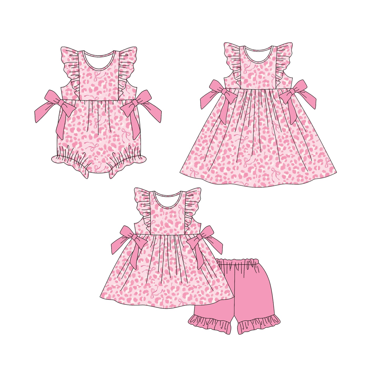 25.12.29 custom each style moq 5 eta 6-8week Sibling Sister leopard baby short sleeve shorts sets and romper and dress match design