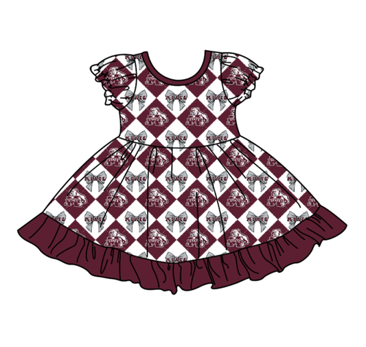 Custom moq 5 mix size Baby Girl's Dark red Plaid Short-Sleeved Team Dress Cute And Stylish Outfit for Little Ones