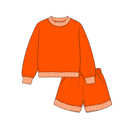 Custom moq 5 girls  Blank Cotton Fabric Sweatshirt Shorts Set Orange-red sweatshirt and shorts set