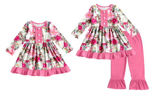 25.8.28 custom each style moq 5eta 4-6week Sibling Sisters floral pink baby girl long sleeve pants sets and dress match family design
