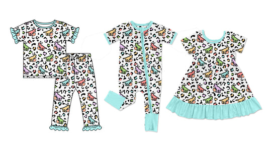 25.10.13 custom each style moq 5 eta 6-8week Sibling Sisters dinosaur leopard baby girl short sleeve pants sets and dress and rompers match family design