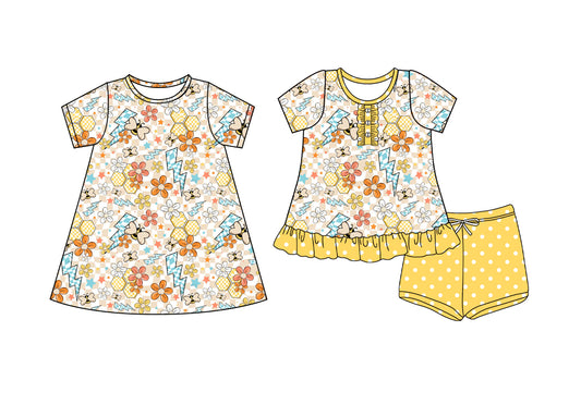 4.9 custom each style moq 5eta 4-6week Sibling Sister bee floral baby girl short sleeve shorts sets and dresses match design
