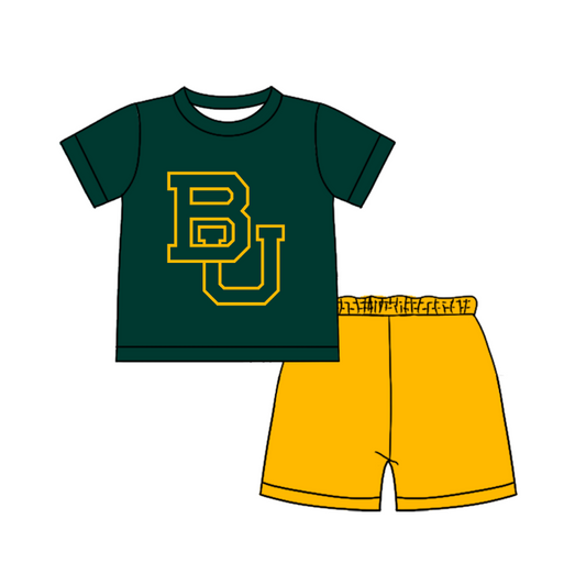 Custom moq 5 mix size milk silk summer teams Baby Boy's Green Short-Sleeved O-Neck Top And solid color Shorts Set