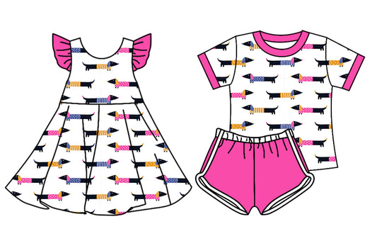 4.18 custom each style moq 5eta 4-6week Sibling Sister pencil dog baby girl short sleeve shorts sets and dresses match design