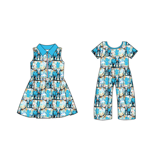4.19 custom each style moq 5eta 4-6week Sibling Sister cow catcus baby girl short sleeve yoga dresses and jumpsuit match design