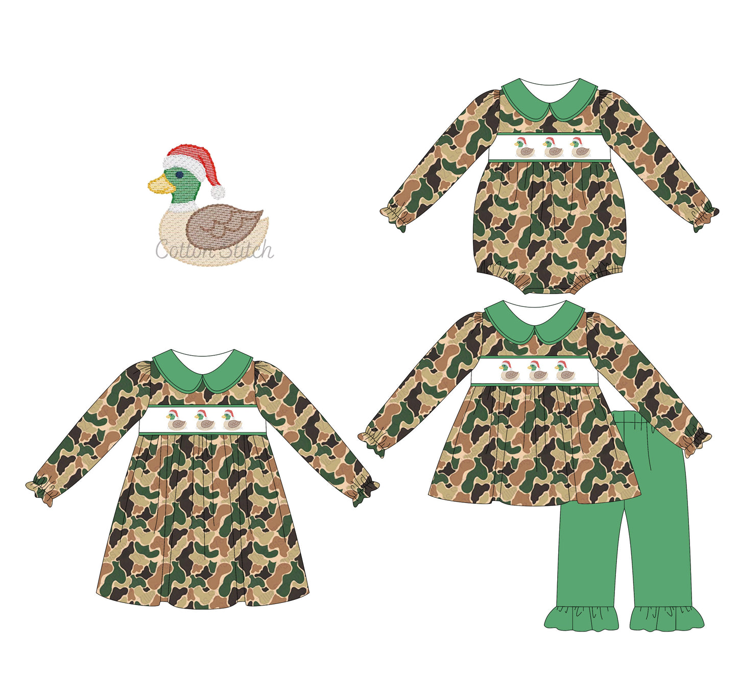25.5.21 custom each style moq 5eta 4-6week Sibling Sisters Christmas duck camouflage baby girl long sleeve pants sets and dress and rompers match family design