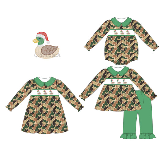 25.5.21 custom each style moq 5eta 4-6week Sibling Sisters Christmas duck camouflage baby girl long sleeve pants sets and dress and rompers match family design