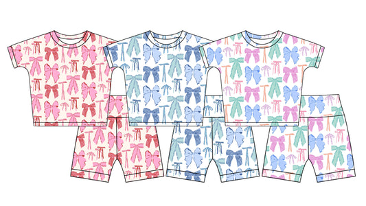 2.21 custom each style moq 5eta 4-6week Sibling Sister bow baby girls short sleeve shorts sets and set 3 match design