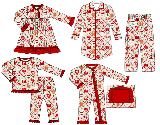 25.6.23 custom each style moq 5eta 4-6week Sibling Sisters Christmas bow baby girl long sleeve pants sets and adult top and adult pants and romper and dress match family design