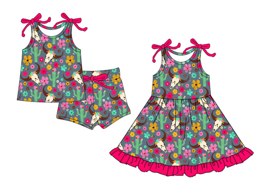 4.15 custom each style moq 5eta 4-6week Sibling Sister cow head catcus floral baby girl short sleeve shorts sets and dresses match design