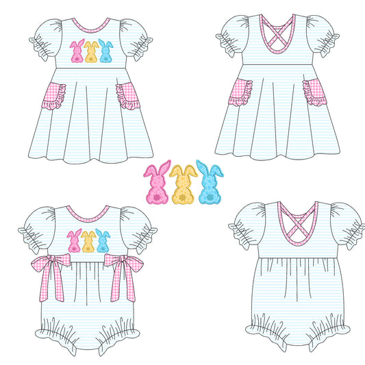 25.10.3 custom each style moq 8 eta 6-8week Sibling Sisters bunny baby girl short sleeve dress and romper match family design