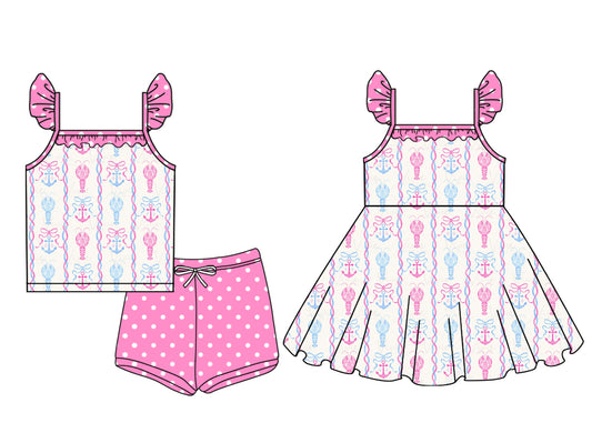 3.22 custom each style moq 5eta 4-6week Sibling Sister lobster bow baby girl short sleeve shorts sets and dresses match design