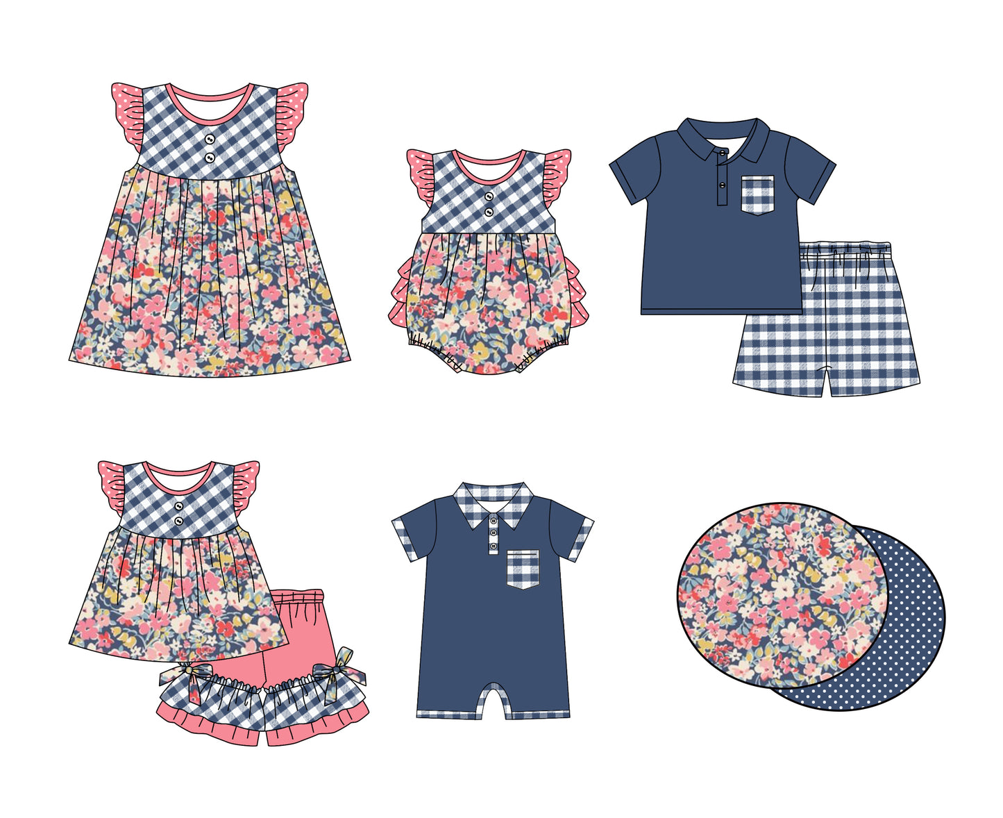 11.2 custom each style moq 5eta 4-6week Sibling Sister floral baby girl short sleeve shorts sets and briefs sets 2 and girls romper and boy romper and dress match design