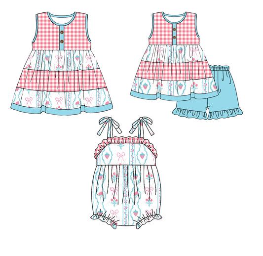 11.18 custom each style moq 5eta 4-6week Sibling Sister bow strawberry baby girl short sleeve shorts sets and dress and rompers match family design