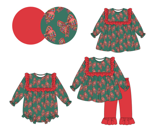 25.6.16 custom each style moq 5eta 4-6week Sibling Sisters Christmas bow baby girl long sleeve pants sets and dress and rompers match family design