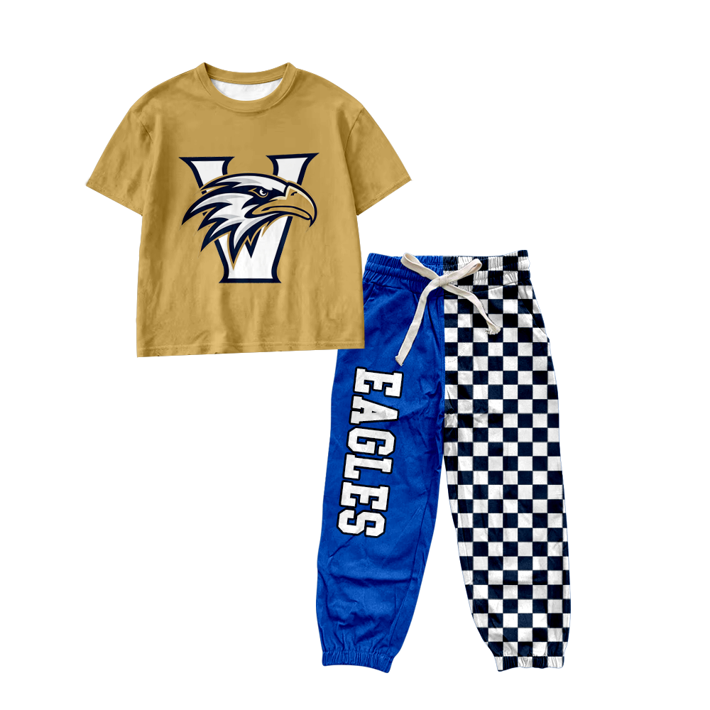 custom moq 5 mix size MSD070908 Baby Kids Short Sleeve Shirt Plaid Patchwork Long Pants Casual Set