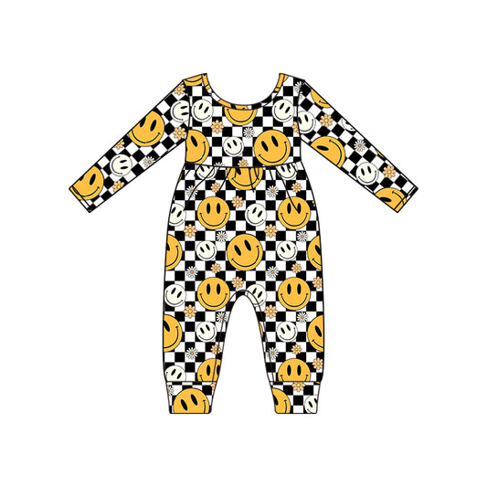 5.9custom each style moq 5eta 4-5week Sibling Sister Smiley face black and white plaid prints yellow girls set and dress and baby romper match family design