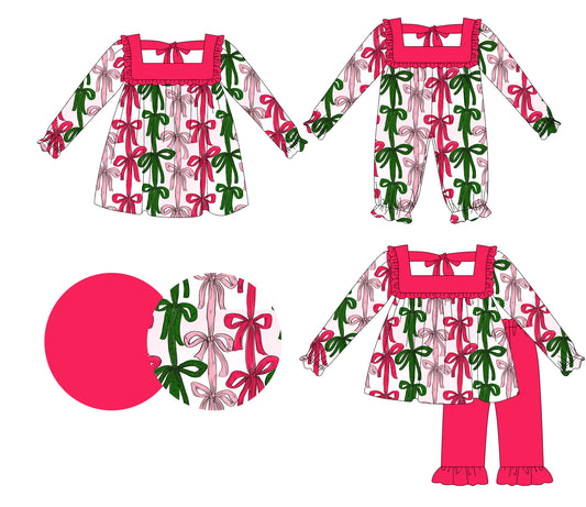 25.5.14 custom each style moq 5eta 4-6week Sibling Sisters bow baby girl long sleeve pants sets and dress and rompers match family design