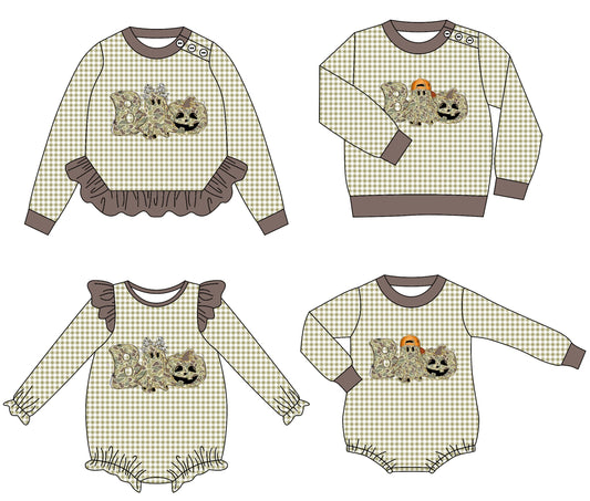 25.8.7 custom each style moq 5eta 4-6week Sibling Sisters halloween baby girl long sleeve romper 1 and romper 2 and top 1 and top 2 match family design