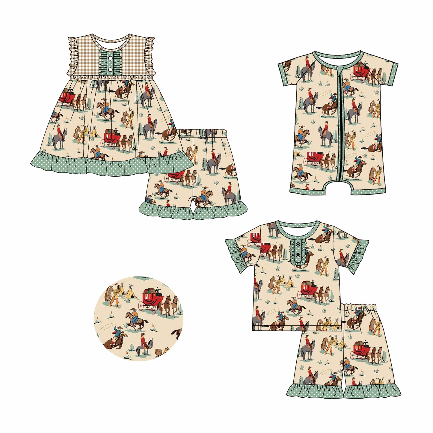 2.26 custom each style moq 5eta 4-6week Sibling Sister riding horse baby girl short sleeve shorts sets and sets 2 and boy romper match design