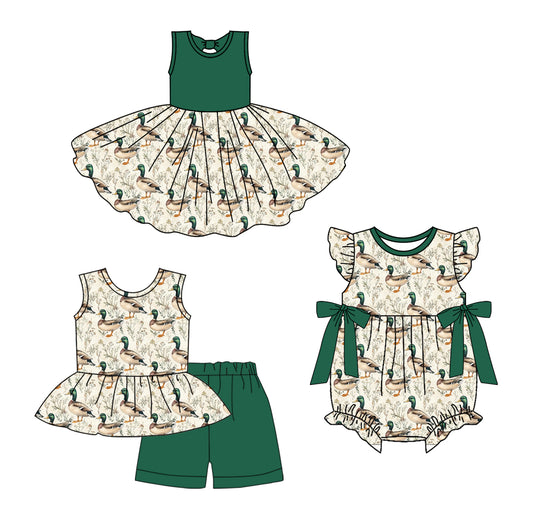 3.24 custom each style moq 5eta 4-6week Sibling Sisters duck baby girl short sleeve shorts sets and dress and rompers match family design