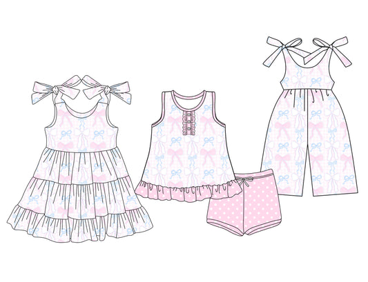 3.28 custom each style moq 5eta 4-6week Sibling Sister bow baby girl short sleeve shorts sets and dresses and jumpsuit match design